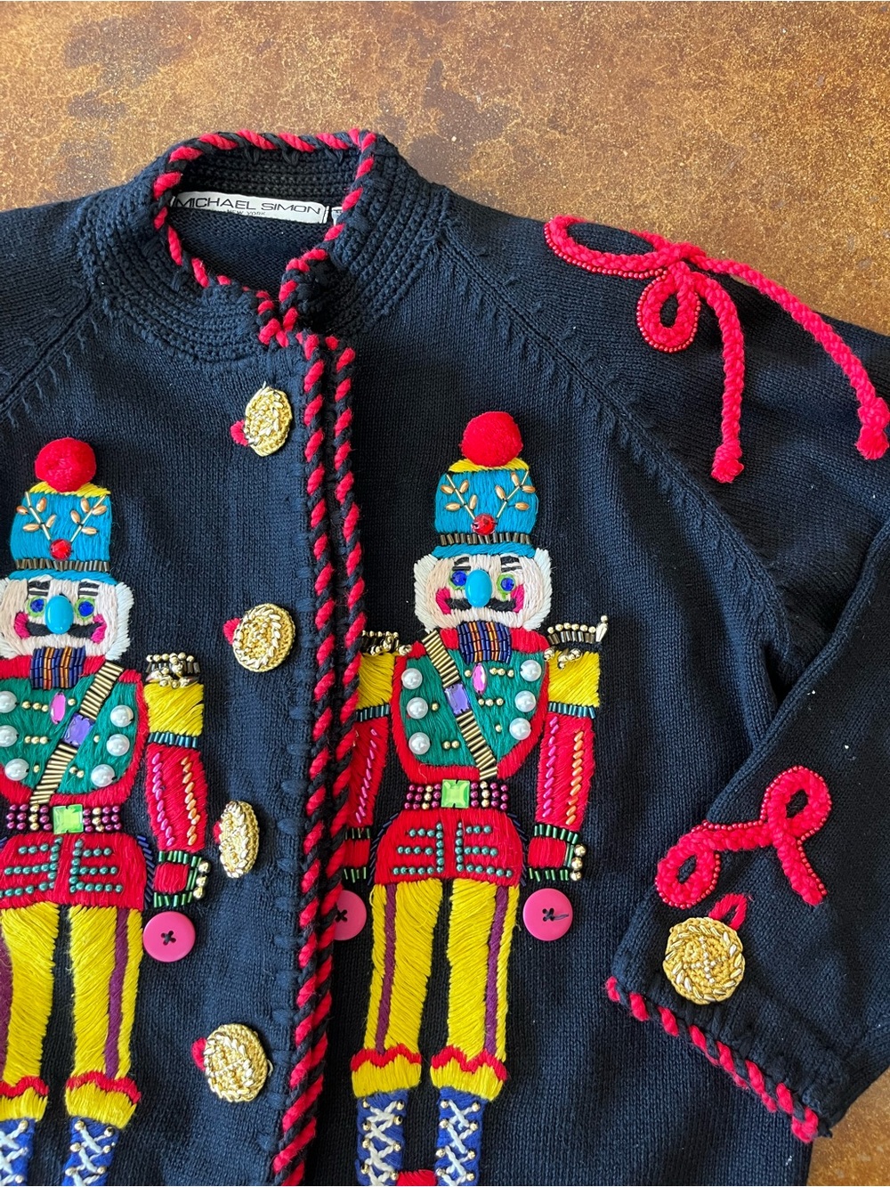 Vintage Michael Simon beaded Christmas nutcracker black cardigan - Picture 3 of 8